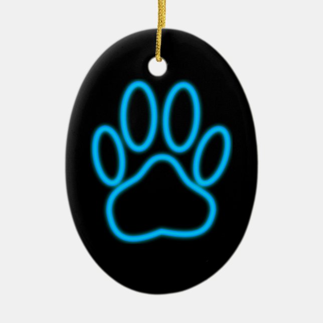 Blue Neon Dog Paw Print Ceramic Ornament (Front)