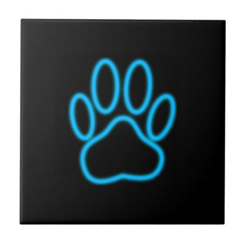 Blue Neon Dog Paw Print Ceramic Tile