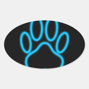 Blue Neon Dog Paw Print Oval Sticker