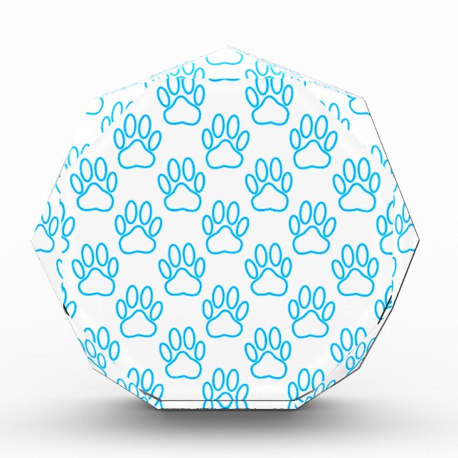 Blue Neon Dog Paw Print Pattern Acrylic Award (Front)