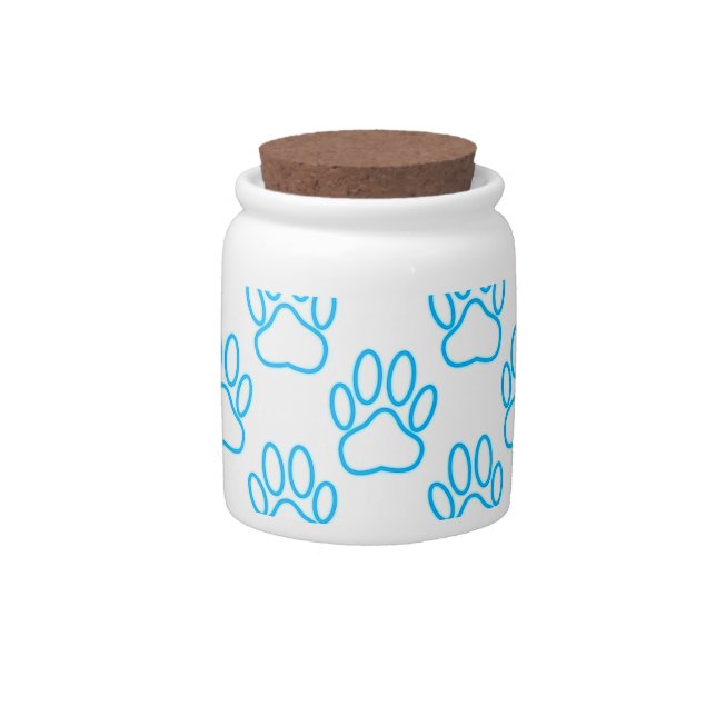 Blue Neon Dog Paw Print Pattern Candy Jar (Front)