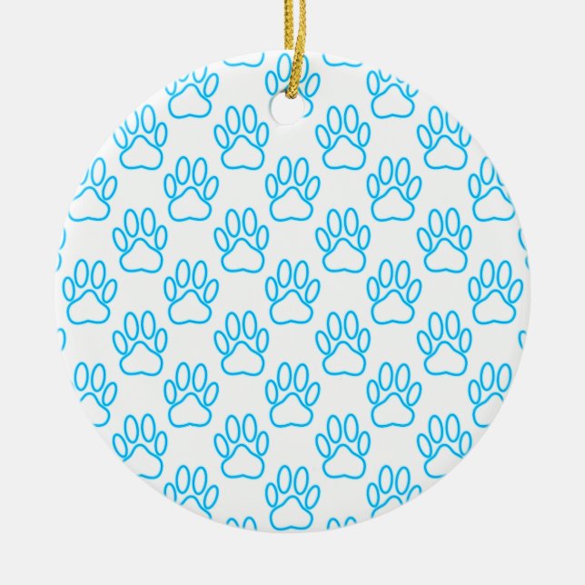 Blue Neon Dog Paw Print Pattern Ceramic Ornament (Front)