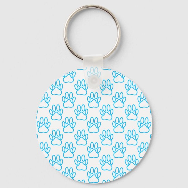 Blue Neon Dog Paw Print Pattern Keychain (Front)