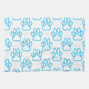Blue Neon Dog Paw Print Pattern Kitchen Towel