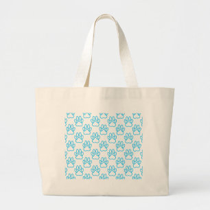 Blue Neon Dog Paw Print Pattern Large Tote Bag