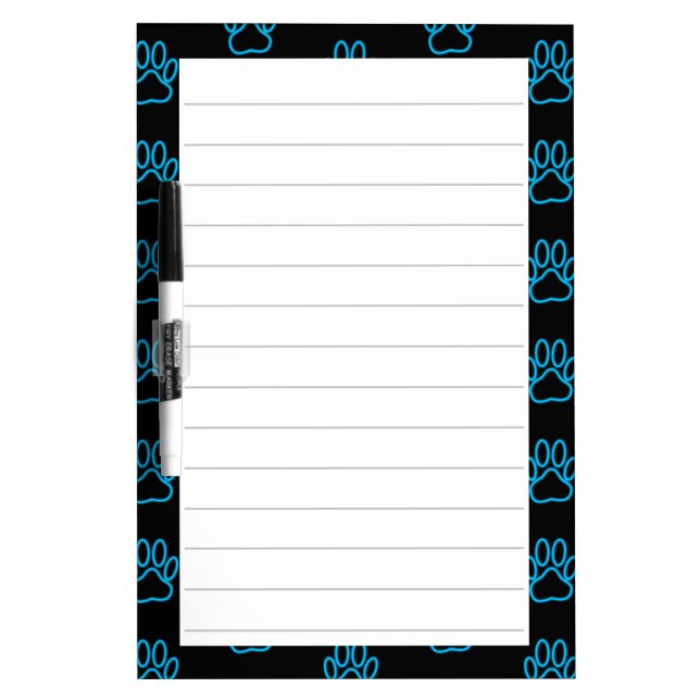 Blue Neon Dog Paw Print Pattern Lined Dry Erase Board (Front)