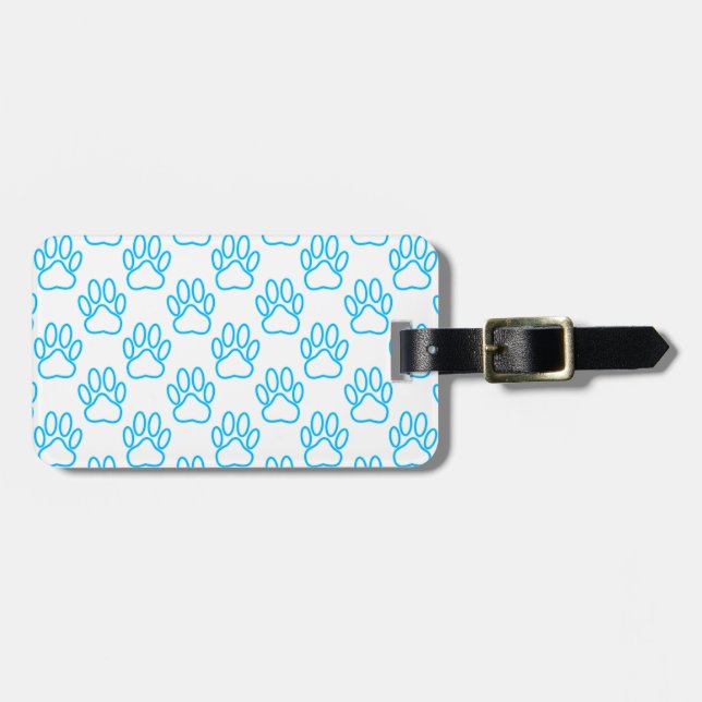 Blue Neon Dog Paw Print Pattern Luggage Tag (Front Horizontal)