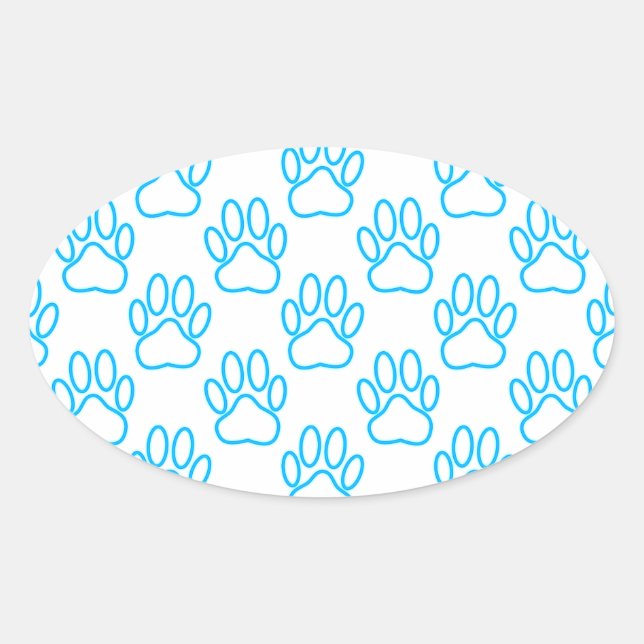 Blue Neon Dog Paw Print Pattern Oval Sticker (Front)