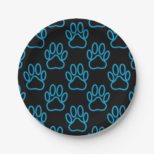 Blue Neon Dog Paw Print Pattern Paper Plates (Front)