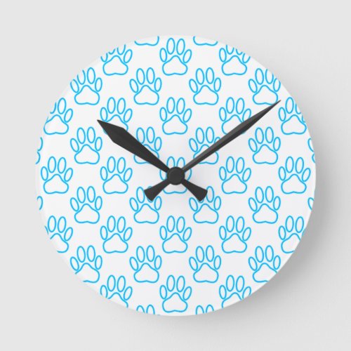 Blue Neon Dog Paw Print Pattern Round Clock