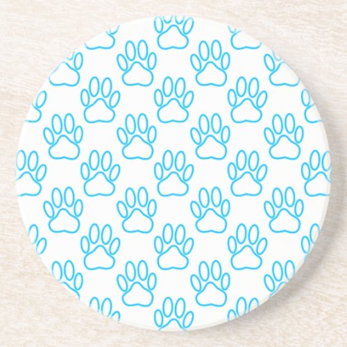 Blue Neon Dog Paw Print Pattern Sandstone Coaster
