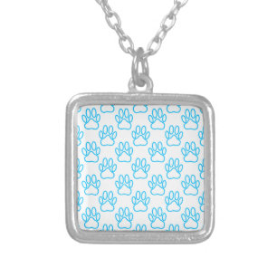 Blue Neon Dog Paw Print Pattern Silver Plated Necklace