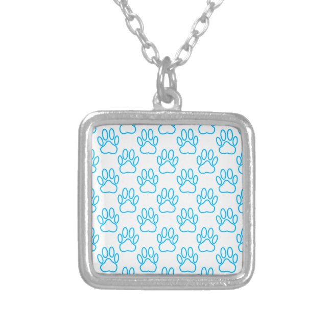 Blue Neon Dog Paw Print Pattern Silver Plated Necklace (Front)