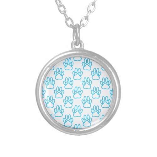 Blue Neon Dog Paw Print Pattern Silver Plated Necklace