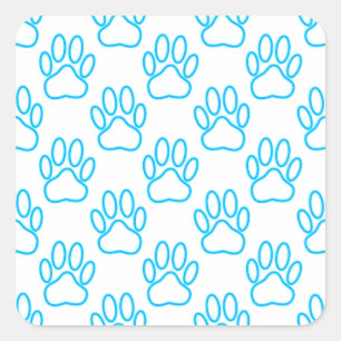 Blue Neon Dog Paw Print Pattern Square Sticker