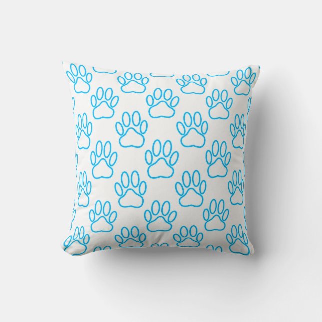 Blue Neon Dog Paw Print Pattern Throw Pillow (Front)