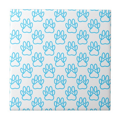 Blue Neon Dog Paw Print Pattern Tile