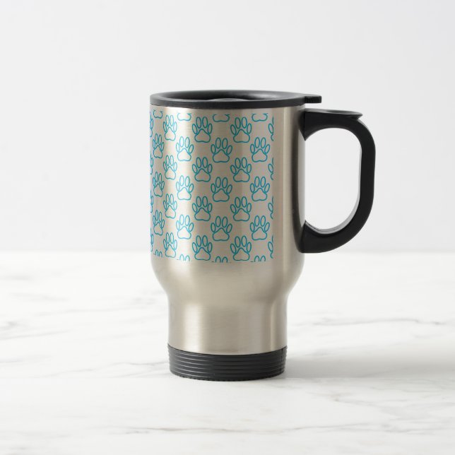 Blue Neon Dog Paw Print Pattern Travel Mug (Right)