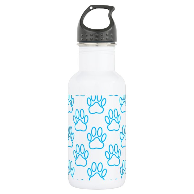 Blue Neon Dog Paw Print Pattern Water Bottle (Front)