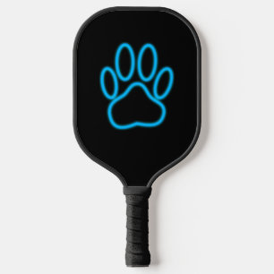 Blue Neon Dog Paw Print Pickleball Paddle