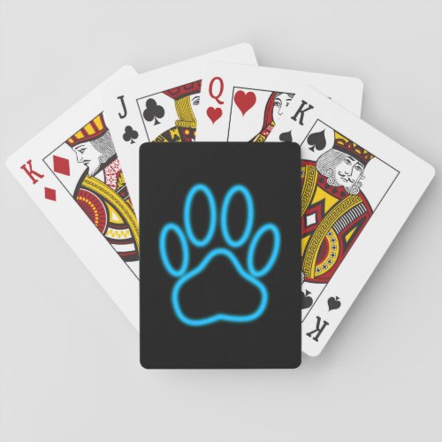 Blue Neon Dog Paw Print Poker Cards