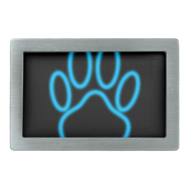 Blue Neon Dog Paw Print Rectangular Belt Buckle (Front)