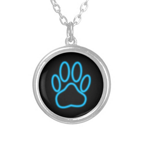 Blue Neon Dog Paw Print Silver Plated Necklace