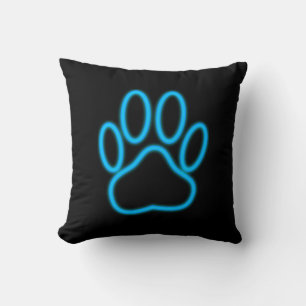Blue Neon Dog Paw Print Throw Pillow