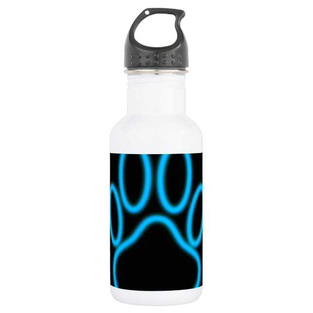 Blue Neon Dog Paw Print Water Bottle (Front)