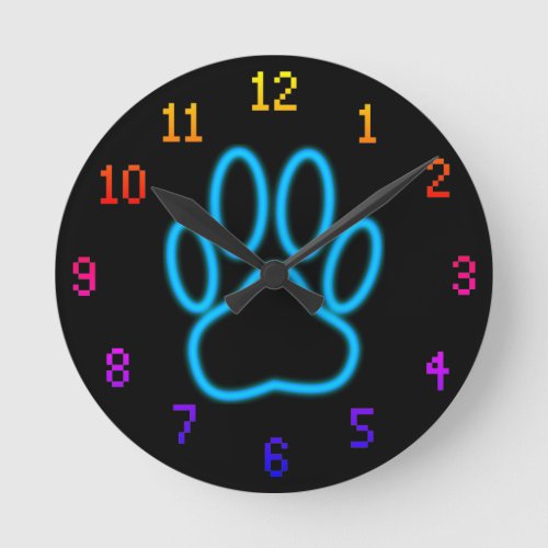 Blue Neon Dog Paw Print With Numbers Round Clock