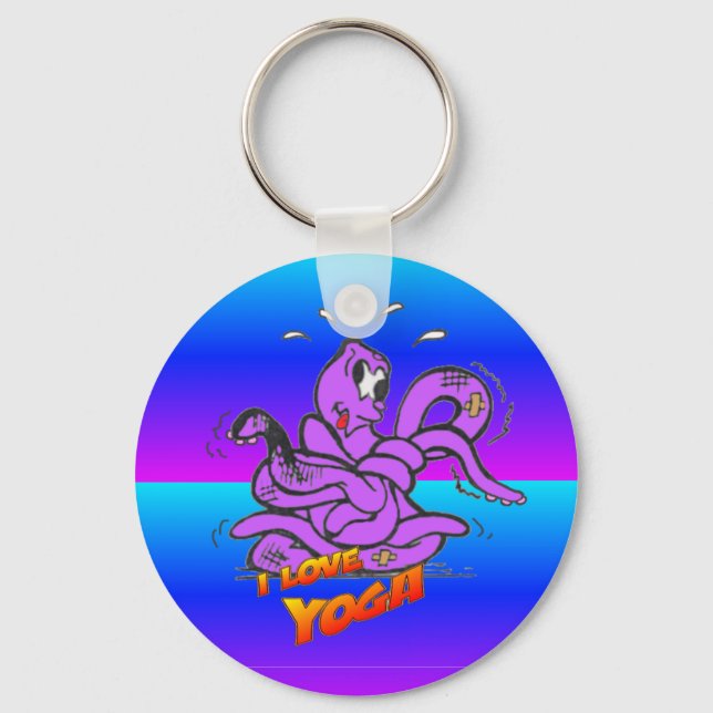 Blue Neon Funny Yoga Octopus Cartoon Keychain (Front)