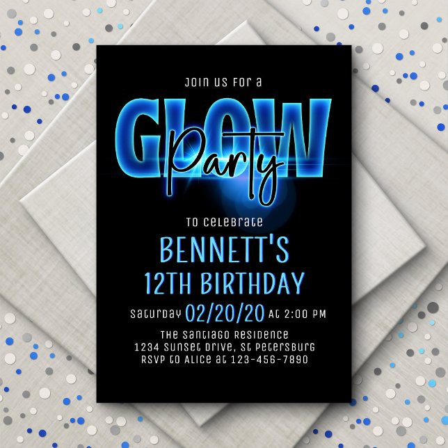 Blue Neon Glow Party Birthday Invitation (Creator Uploaded)