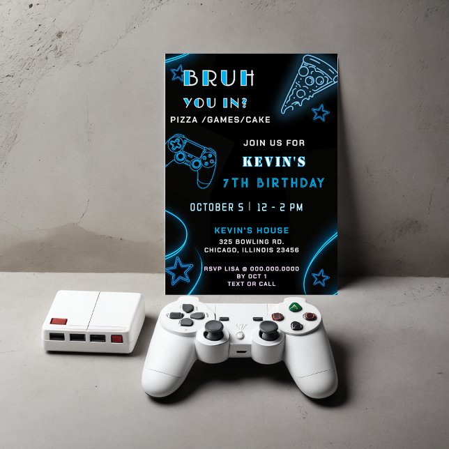 Blue Neon Glow Pizza Games Bruh Birthday Invitation (Blue Neon Glow Pizza Games Bruh Birthday Invitation)