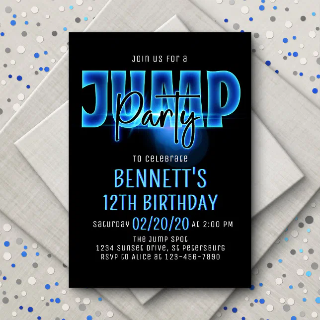 Blue Neon Jump Party Birthday Invitation | Zazzle