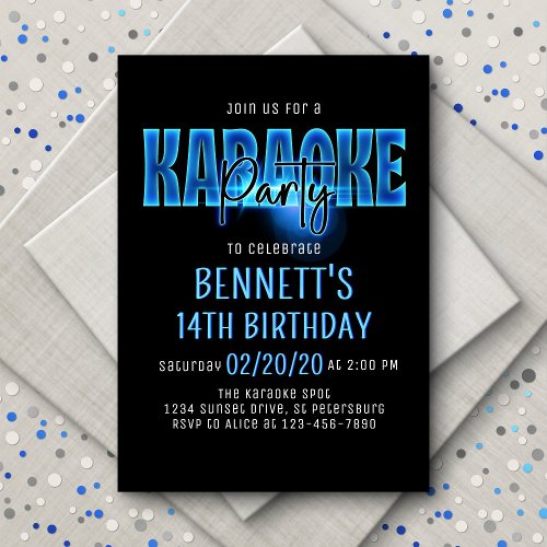 Blue Neon Karaoke Party Birthday Invitation