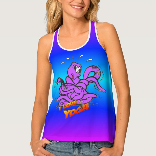 Blue Neon Light Funny Yoga Octopus Tank Top (Front)
