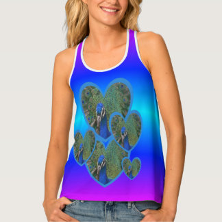 Blue Neon Light Peacock Face in Hearts Tank Top