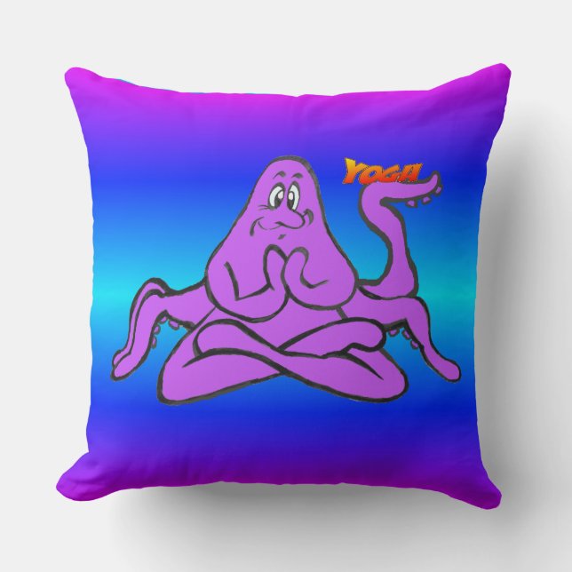 Blue Neon Light Yoga Octopus Namaste Throw Pillow (Front)
