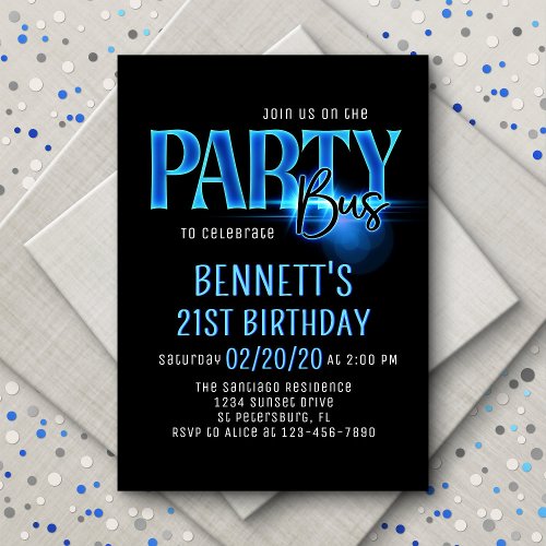Blue Neon Party Bus Birthday Invitation