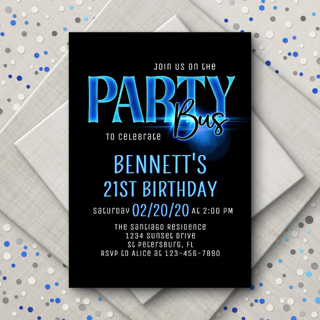 Blue Neon Party Bus Birthday Invitation (Creator Uploaded)