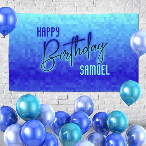 Blue Neon Pixel Teen Birthday Banner