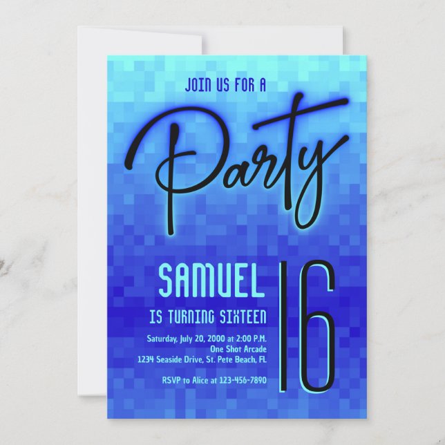 Blue Neon Pixel Teen Birthday Invitation (Front)