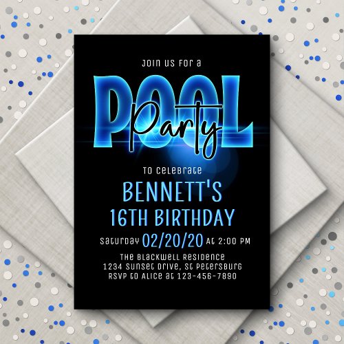Blue Neon Pool Party Birthday Invitation