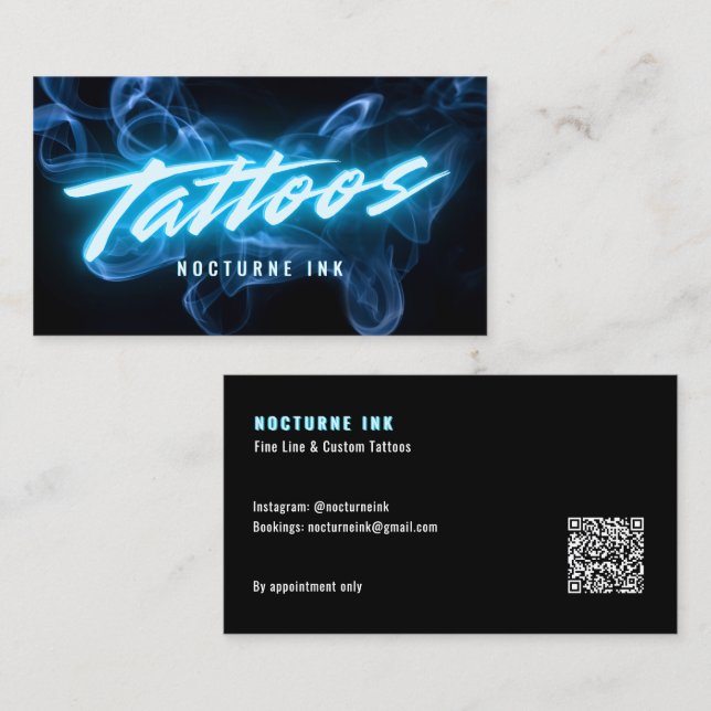 Blue Neon & Smoke Tattoo Artist QR Code Business Card (Front/Back)