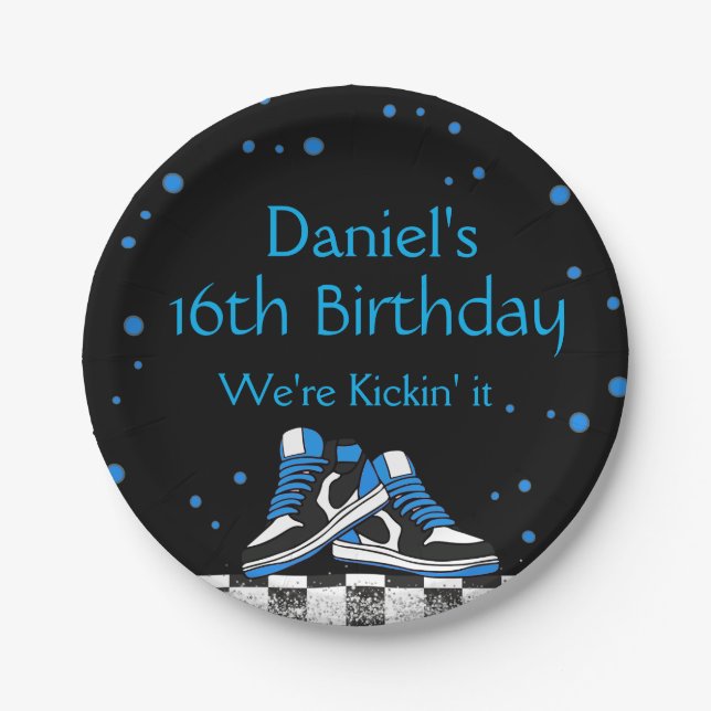 Blue Neon Sneaker Birthday, Glitter  Paper Plates (Front)