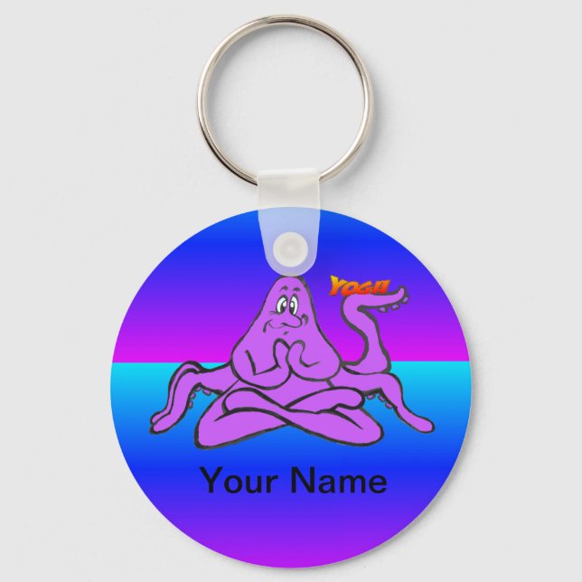 Blue Neon Yoga Octopus Cartoon Cust. Text Keychain (Front)