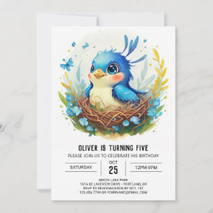 Blue Nest Into the Woods Bird Birthday Invitation