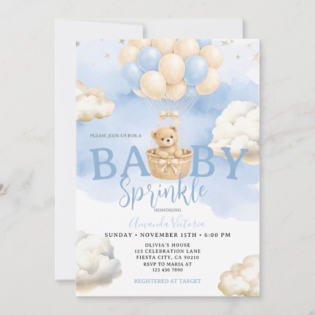 Blue Neutral Bear Cloud Balloon Baby Shower Invitation (Front)