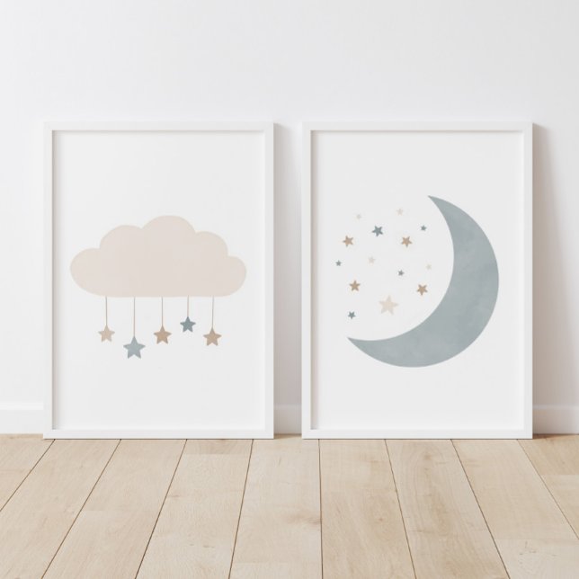 Blue Neutral Cloud and Moon Boy Nursery Decor Wall Art Sets (Creator Uploaded)