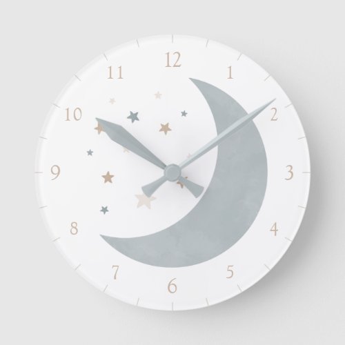 Blue Neutral Watercolor Moon and Stars Round Clock